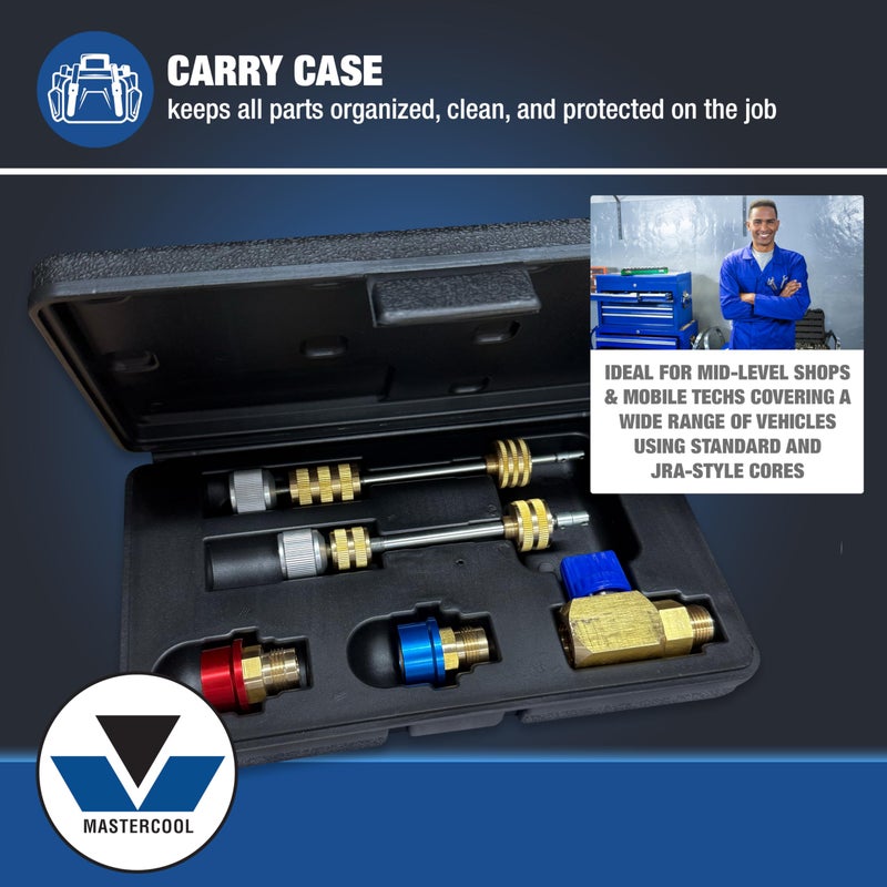 Mastercool 58531 Valve Core Remover/Installer Kit â€“ For R134a Standard & JRA Valve Cores â€“ Service Under Pressure Without Releasing Refrigerant â€“ Includes Adapters & Carrying Case - Image 4